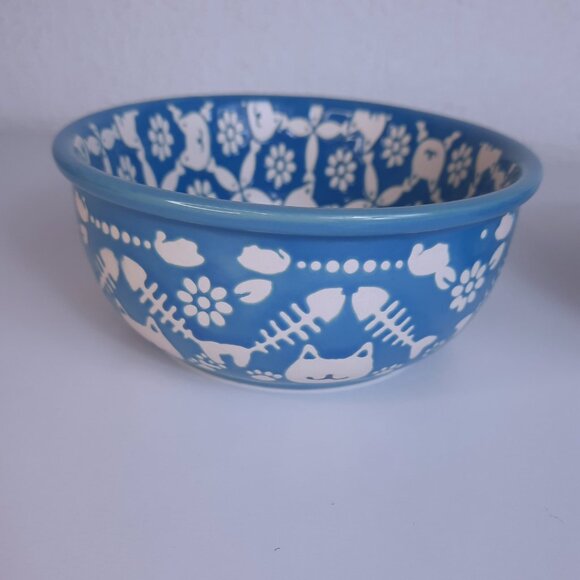 Set of 3 Gibson Bow Wow Meow Cat Bowls Feeders in Blue and White Ceramic Dishes - Picture 4 of 4